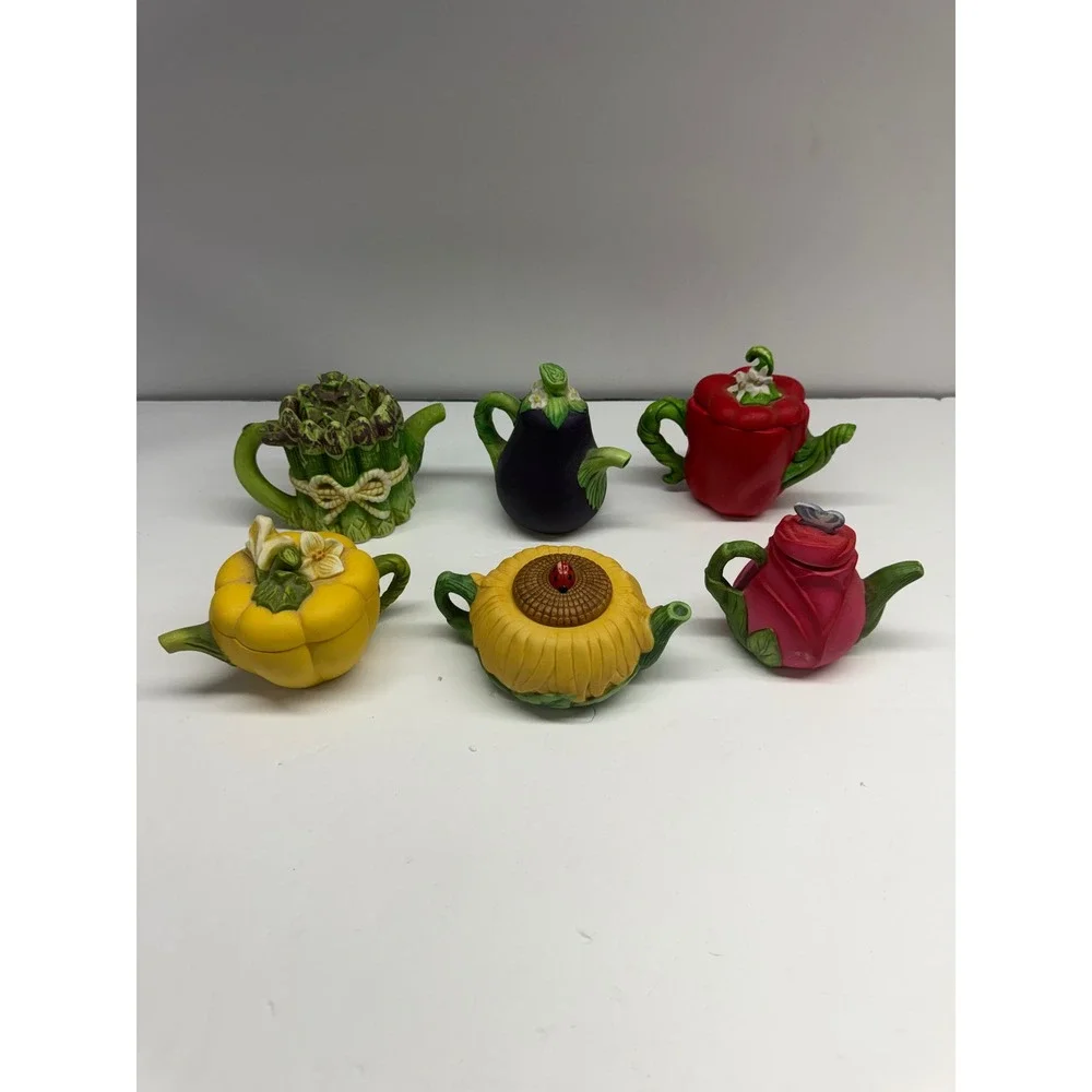 Miniature Ceramic Teapot Set of 6 Vegetable and Flower Garden Collectibles
